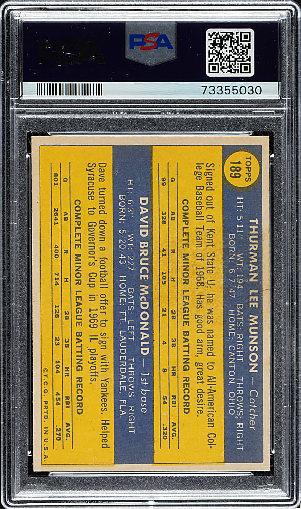 1970 Topps #189 Thurman Munson Rookie PSA EX-MT 6