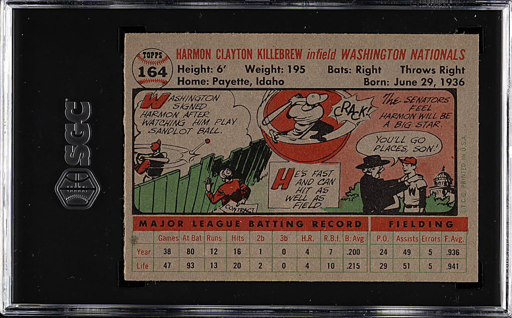 1956 Topps #164 Harmon Killebrew Gray Back SGC NM 7