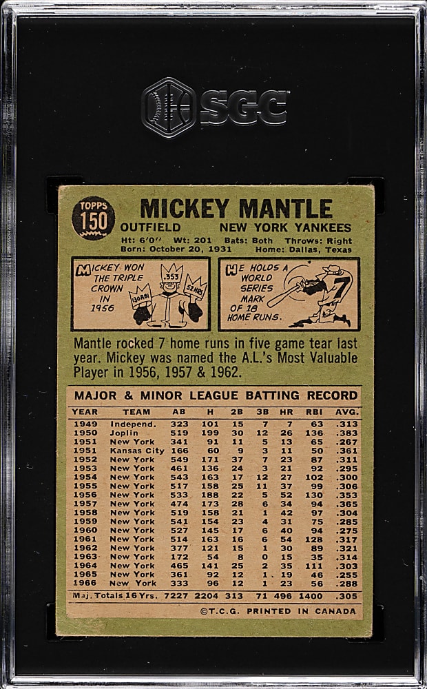 1967 O-Pee-Chee #150 Mickey Mantle SGC GOOD+ 2.5
