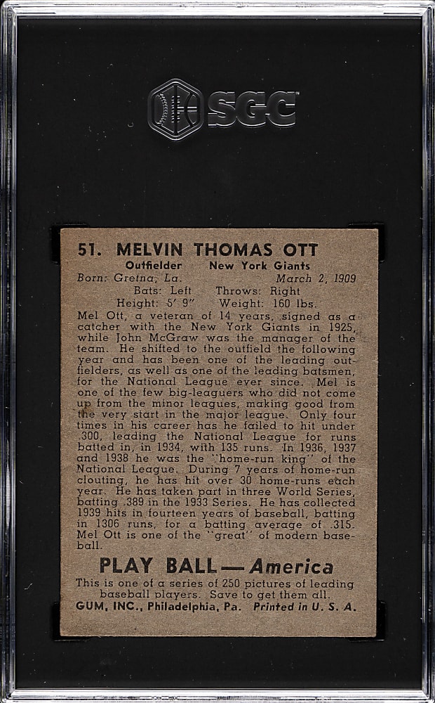 1939 R334 Play Ball #51 Mel Ott SGC EX 5