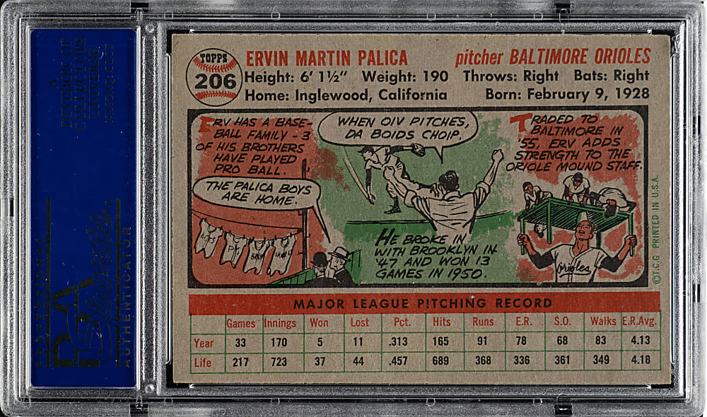 1956 Topps #206 Erv Palica PSA NM-MT 8