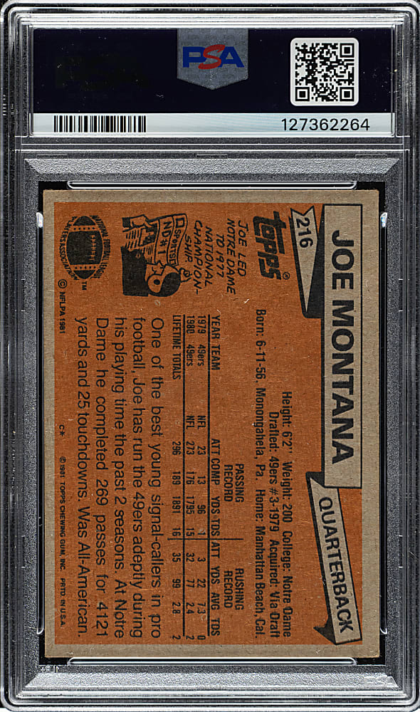 Signed 1981 Topps Football #216 Joe Montana Rookie PSA VG-EX 4 with GEM MINT 10 Signature