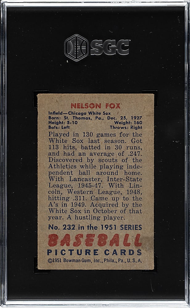 1951 Bowman #232 Nelson Fox Rookie SGC VG/EX 4