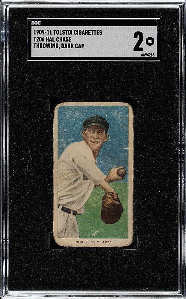 1909-1911 T206 White Border Hal Chase Throwing Dark Cap SGC GOOD 2 - Tolstoi Back