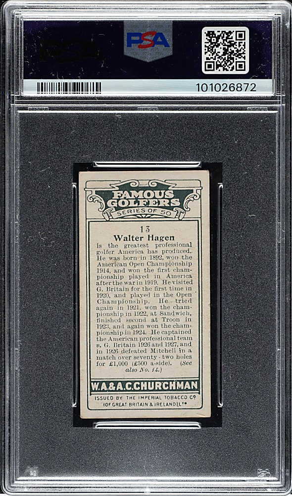 1927 W. A. & A. C. Churchman "Famous Golfers" (Small) #4 Walter Hagen PSA VG+ 3.5