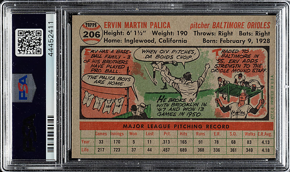 1956 Topps #206 Erv Palica PSA NM-MT 8