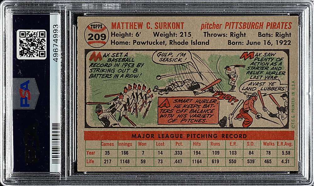 1956 Topps #209 Max Surkont PSA NM-MT 8