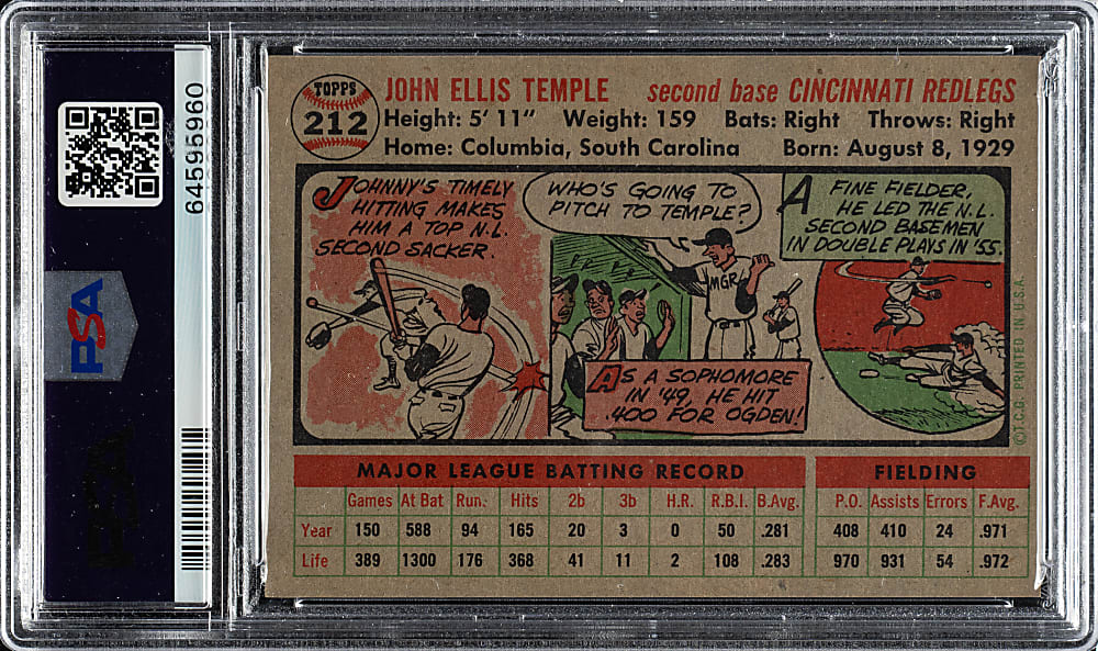 1956 Topps #212 Johnny Temple PSA NM-MT 8