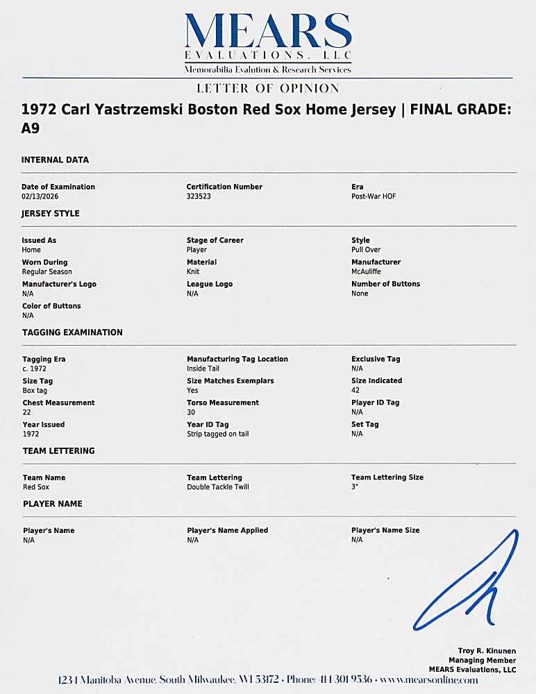 1972 Carl Yastrzemski Boston Red Sox Game-Used Home Jersey MEARS A9