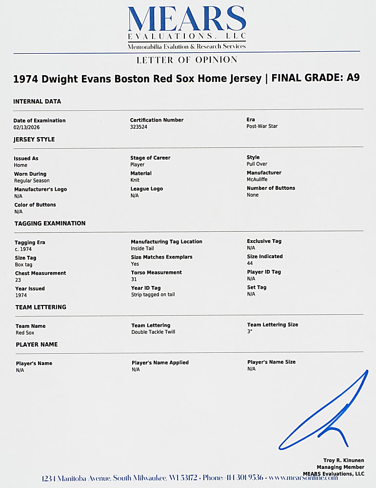 1974 Dwight Evans Boston Red Sox Game-Used Home Jersey MEARS A9