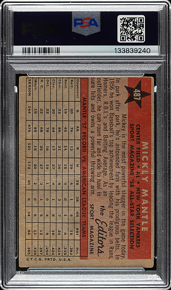 Signed 1958 Topps #487 Mickey Mantle All-Star PSA/DNA MINT 9 Plus Full JSA LOA