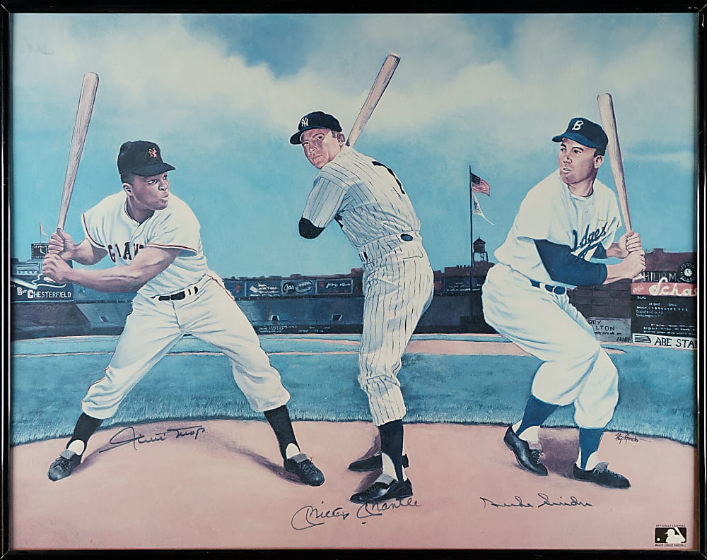 Mickey Mantle, Willie Mays, and Duke Snider Signed Print- JSA