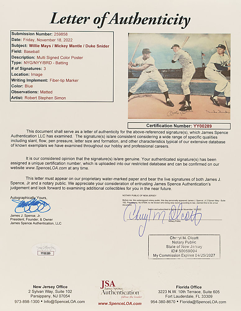 Mickey Mantle, Willie Mays, and Duke Snider Signed Print- JSA