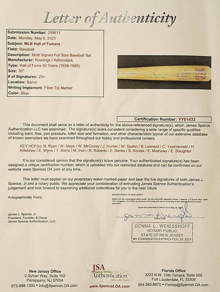 Hall of Fame Multi-Signed Bat (31 Signatures) with Mays, Ryan, Banks, and Koufax - JSA