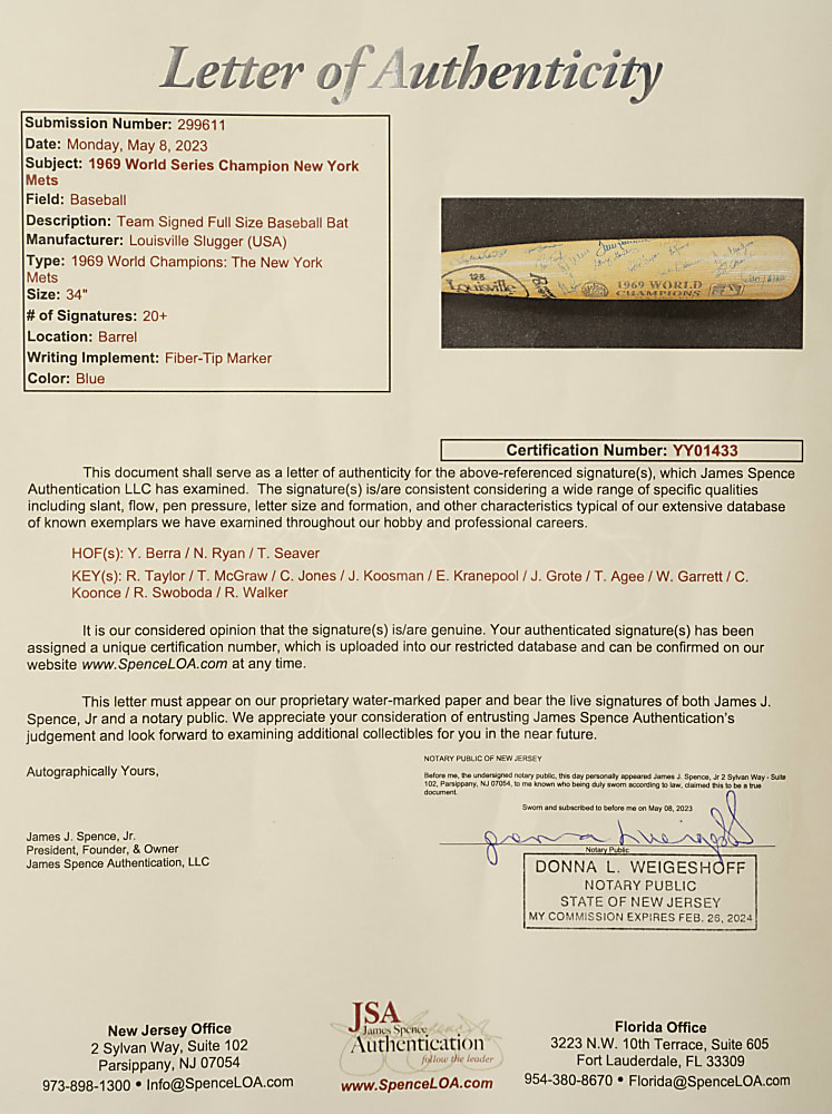 1969 New York Mets World Champions Team-Signed Reunion Bat with Berra, Ryan, and Seaver - JSA