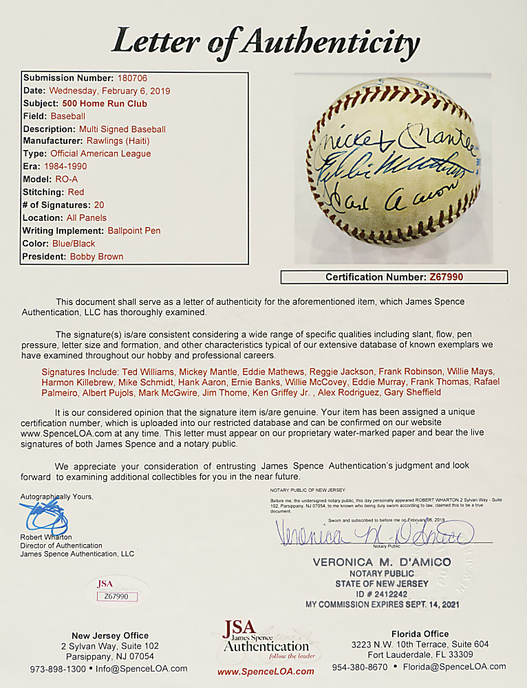 500 Home Run Club Signed Baseball with 20 Signatures Including Ted Williams and Mickey Mantle - JSA and Beckett