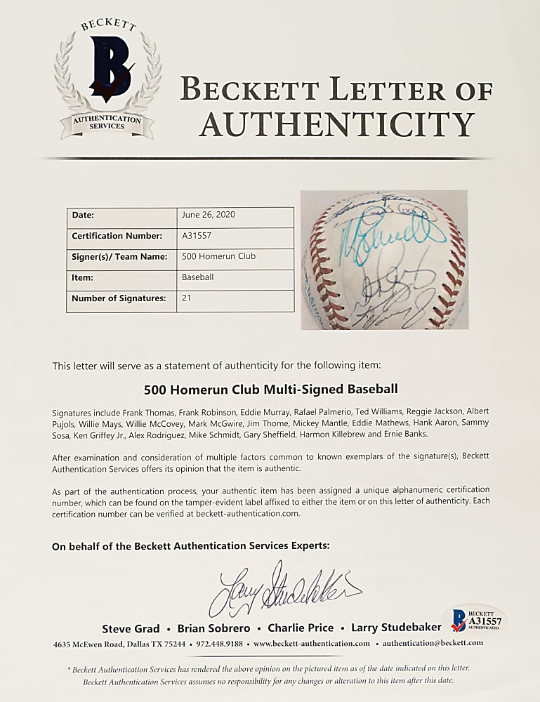 500 Home Run Club Signed Baseball with 20 Signatures Including Ted Williams and Mickey Mantle - JSA and Beckett