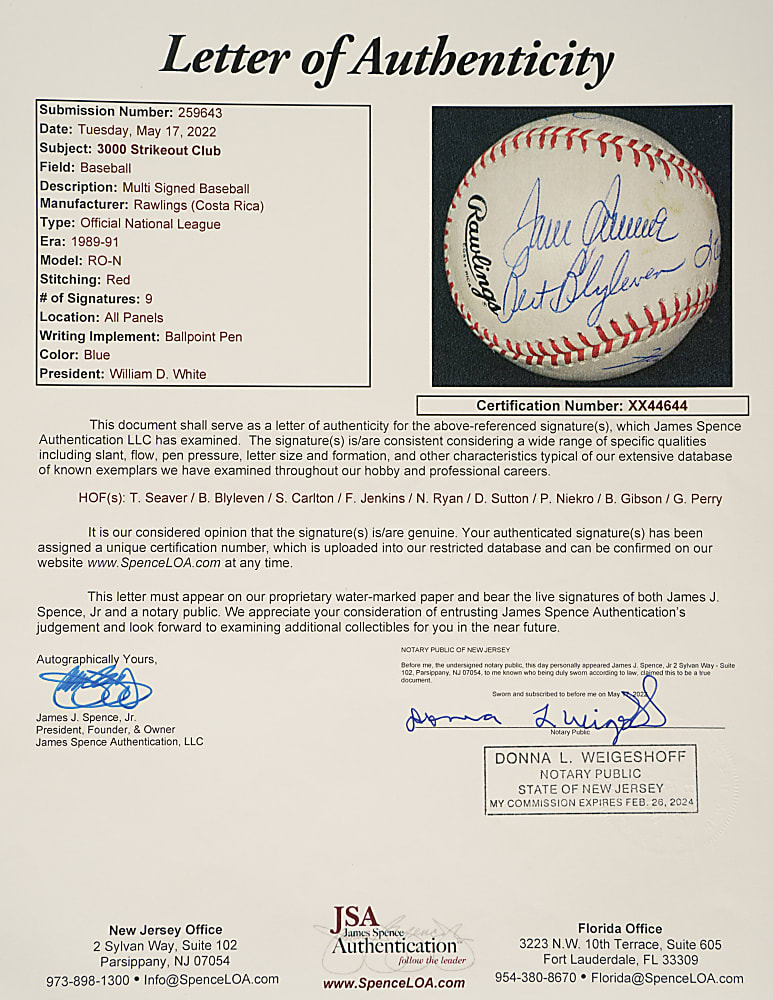 3,000 Strikeout Club Signed Baseball with Tom Seaver, Nolan Ryan, and Steve Carlton - JSA