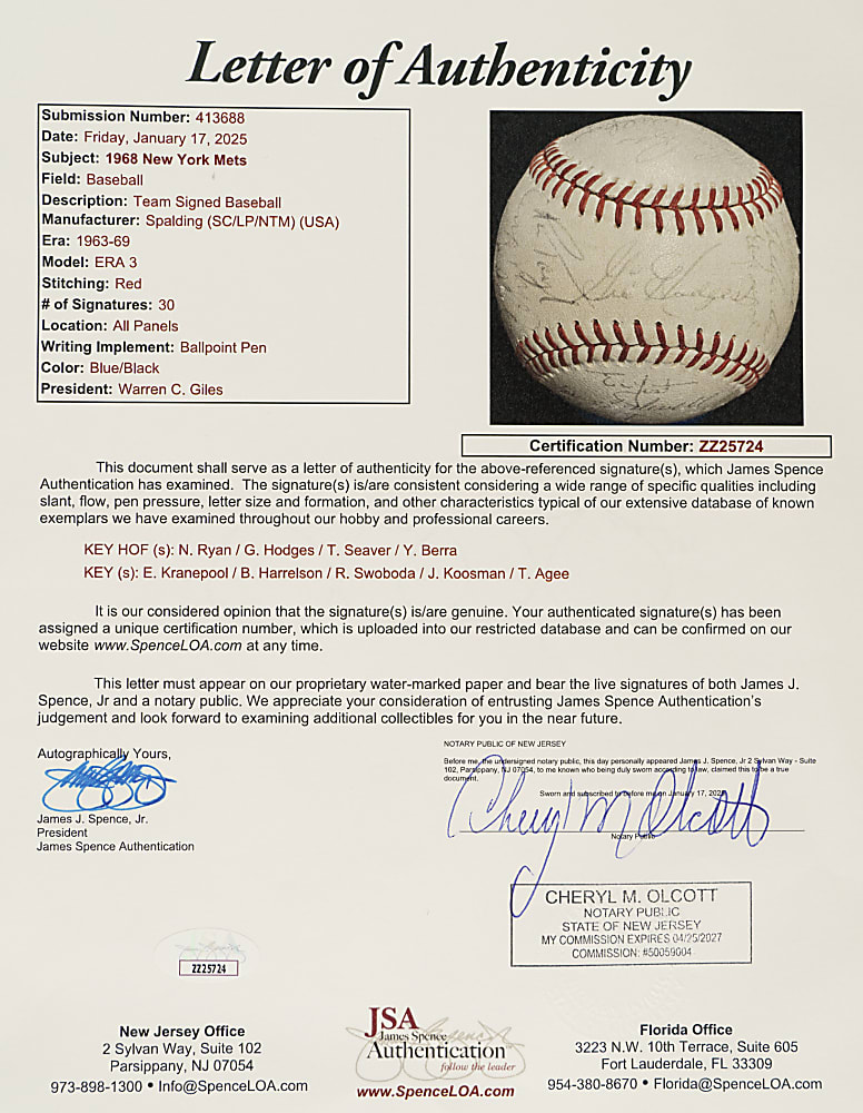 1968 New York Mets Team-Signed Baseball with Ryan, Hodges, Seaver, and Berra - JSA