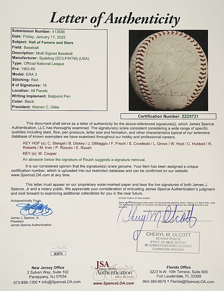 Hall of Fame and Star Multi-Signed Baseball with Joe DiMaggio, Casey Stengel, and Lefty Grove - JSA