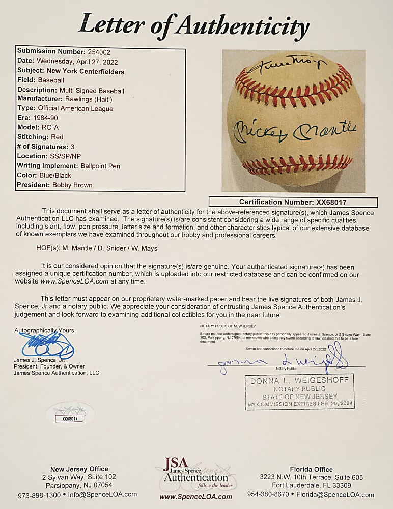 Mickey Mantle, Willie Mays, and Duke Snider Signed Baseball - JSA