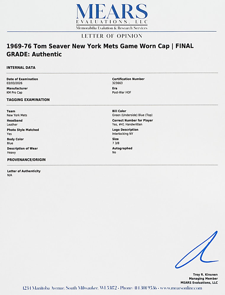 1969-1976 Tom Seaver New York Mets Game-Used Cap - MEARS