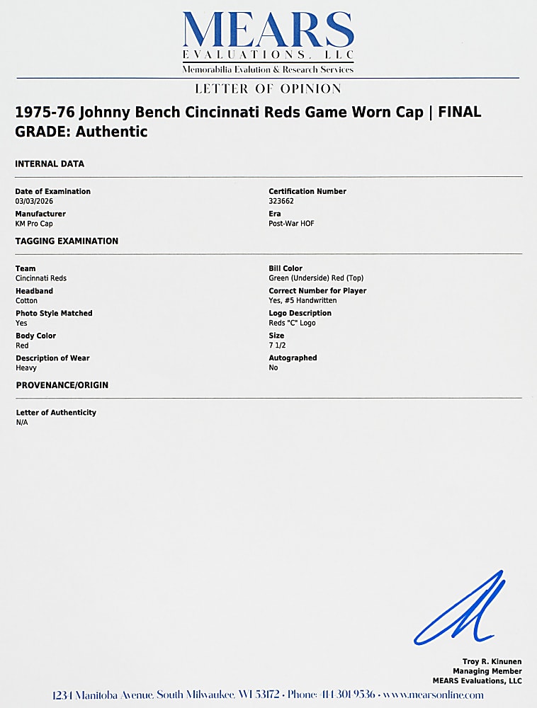 1975-1976 Johnny Bench Cincinnati Reds Game-Used Cap - MEARS