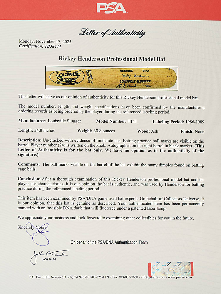 1986-1989 Rickey Henderson New York Yankees Signed Pro-Model (Batting Practice) Bat - PSA/DNA