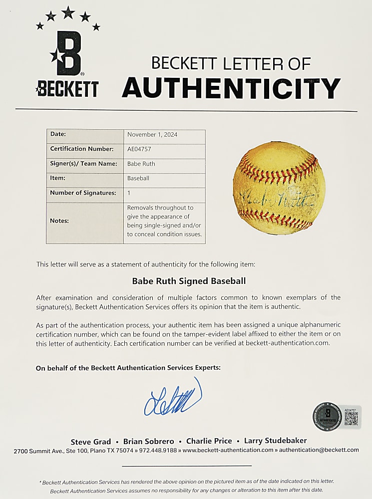 Babe Ruth Signed Baseball - Beckett