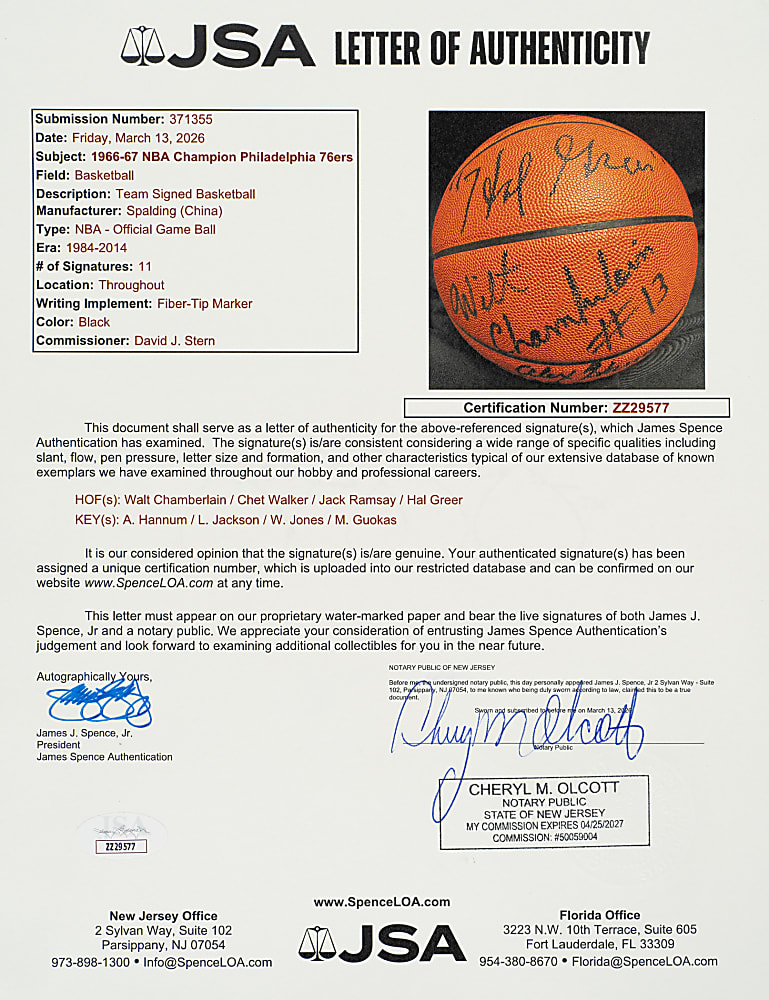 1966-1967 Philadelphia 76ers World Champions Team-Signed Reunion Basketball with Wilt Chamberlain and Hal Greer - JSA