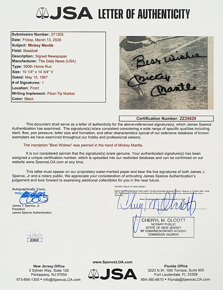 1967 Mickey Mantle Signed 500th Home Run Newspaper Display - JSA