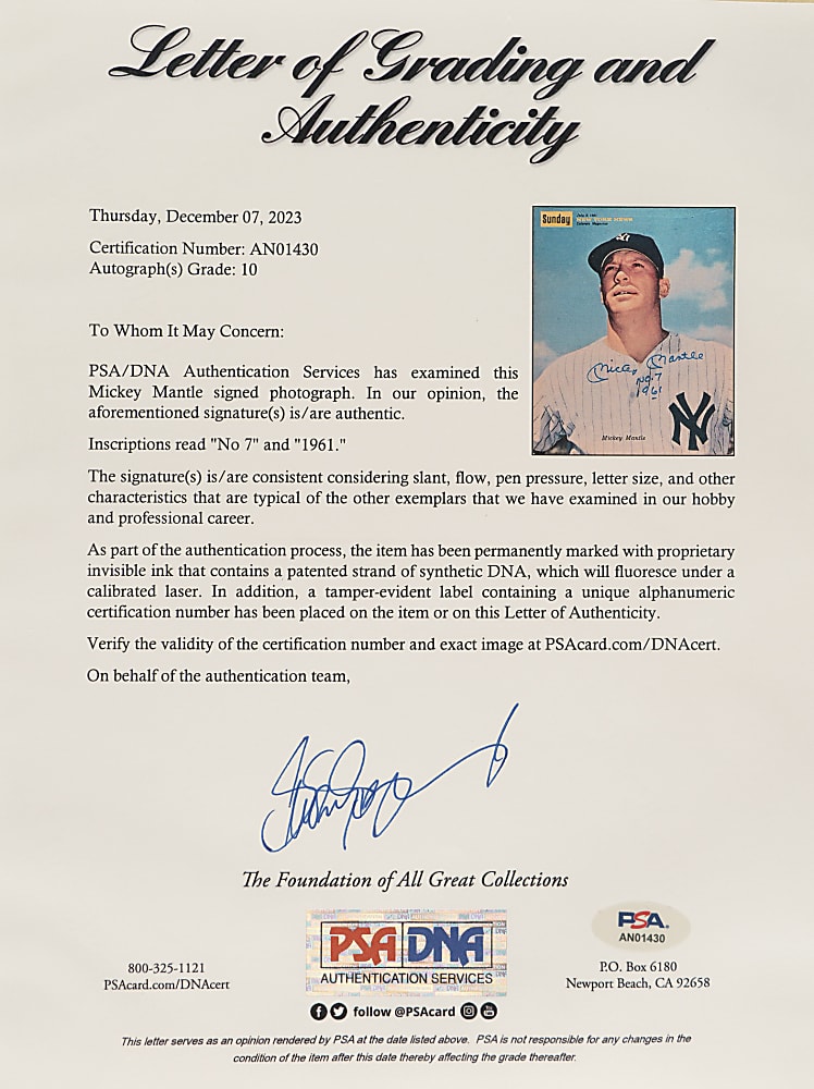 1961 Mickey Mantle Signed "New York News Coloroto" Magazine Cover with "NO. 7" and "1961" Inscriptions - PSA/DNA GEM MINT 10