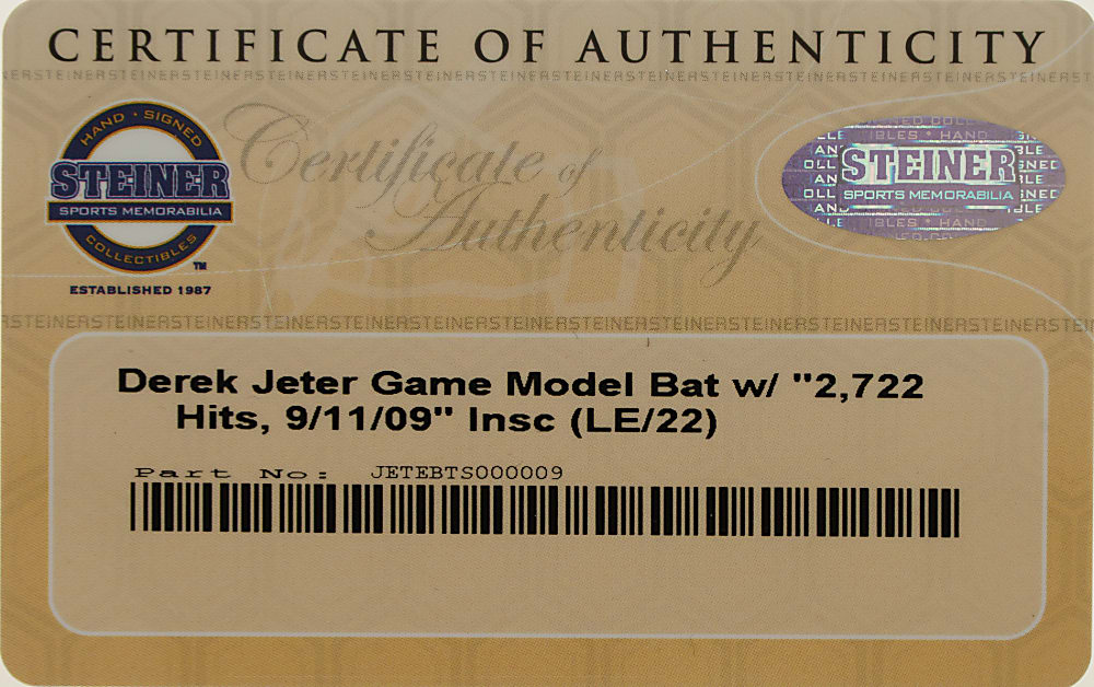 Derek Jeter Signed Limited-Edition Bat with "2722 Hits" and  "9-11-09" Inscriptions - MLB and Steiner