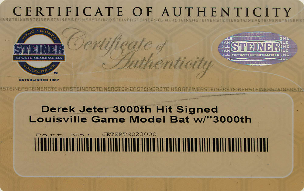 Derek Jeter Signed Bat with "3,000 Hit" and "7-9-11" Inscriptions - MLB and Steiner