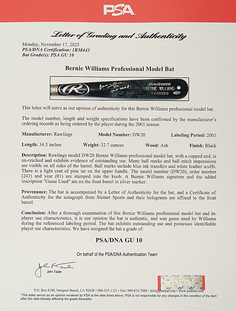 2001 Bernie Williams New York Yankees Signed Game-Used Bat PSA/DNA GU 10