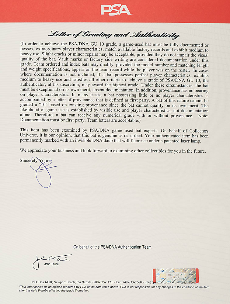 2001 Bernie Williams New York Yankees Signed Game-Used Bat PSA/DNA GU 10