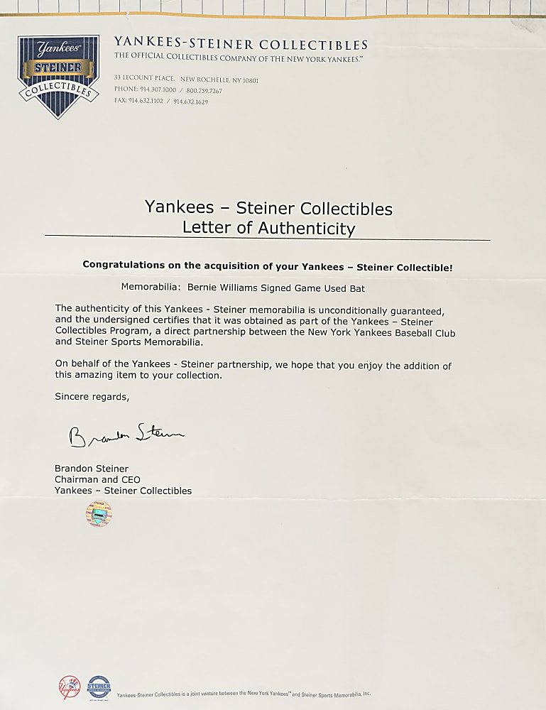 2001 Bernie Williams New York Yankees Signed Game-Used Bat PSA/DNA GU 10