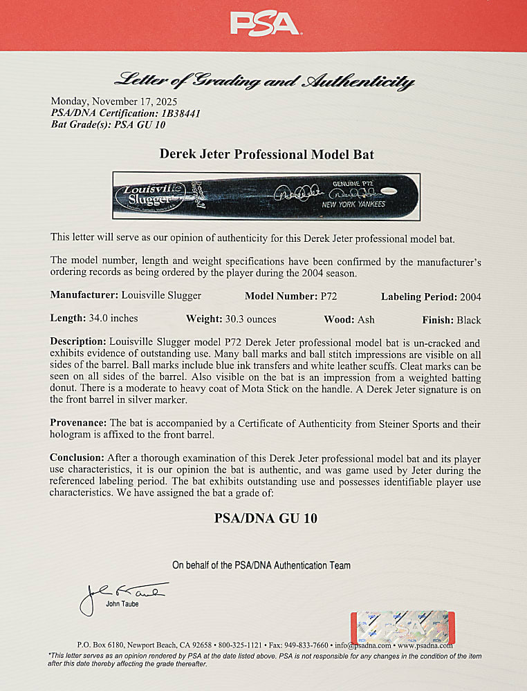 2004 Derek Jeter New York Yankees Signed Game-Used Bat PSA/DNA GU 10