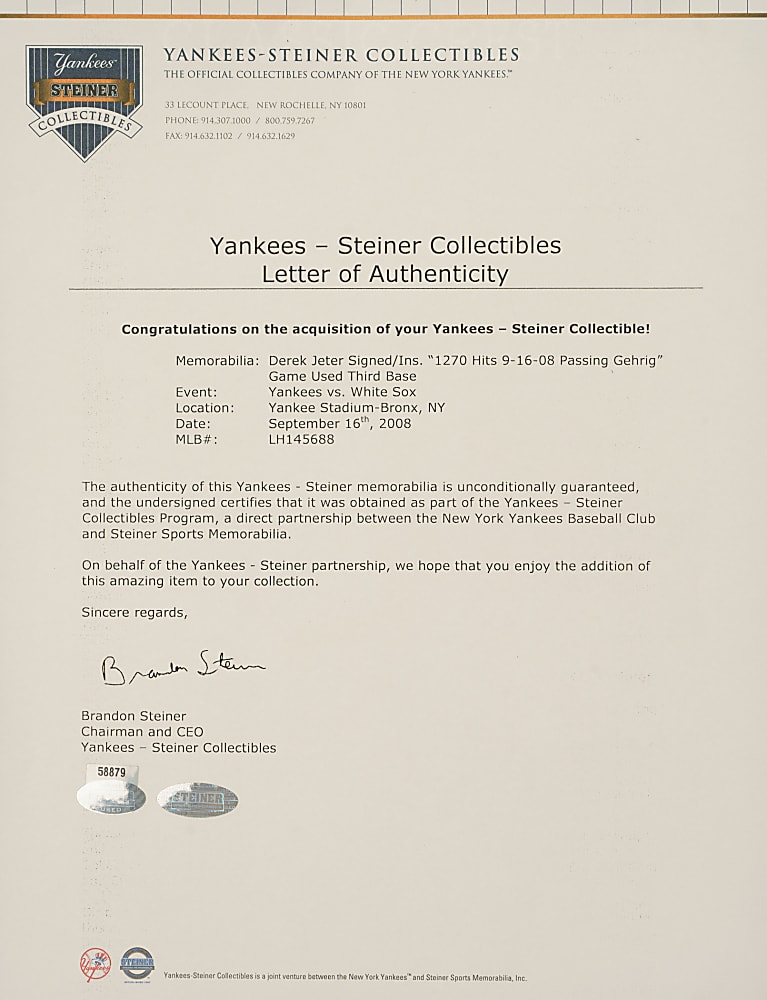 September 16, 2008 Derek Jeter Signed Yankee Stadium Game-Used Third Base with "1270 Hits", "9-16-08" and "Passing Gehrig" Inscriptions - Steiner and MLB