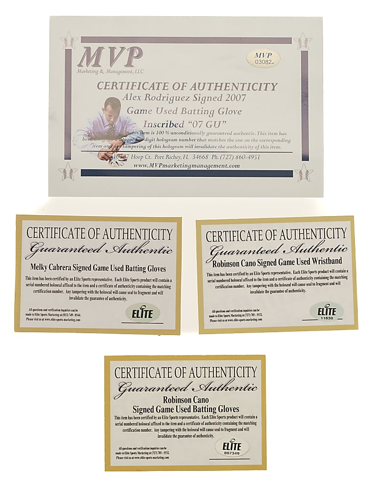 2000s New York Yankees Stars Signed Game-Used Batting Gloves and Wristband Collection (8) Including Alex Rodriguez, Robinson Cano, Melky Cabrera, and Tino Martinez