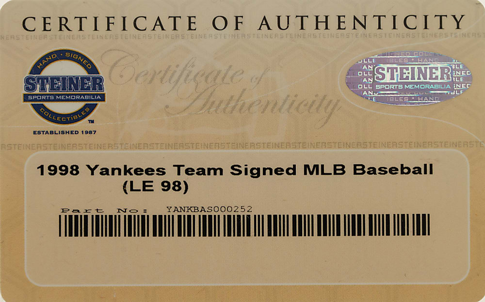 1998 New York Yankees World Champions Team-Signed Baseball with Derek Jeter and Mariano Rivera - MLB and Steiner