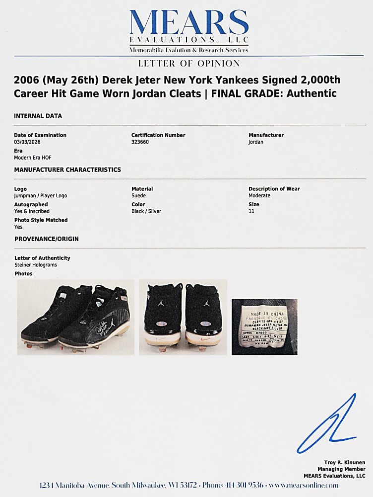 2006 Derek Jeter New York Yankees Game-Used Cleats with "2000th Hit Game 5-26-06" Inscription - MEARS