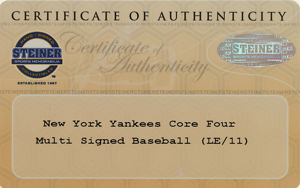 August 21, 2009 New York Yankees "Core Four" Multi-Signed Limited-Edition Game-Used Baseball - Highest-Scoring Game Between Yankees and Red Sox - MLB and Steiner