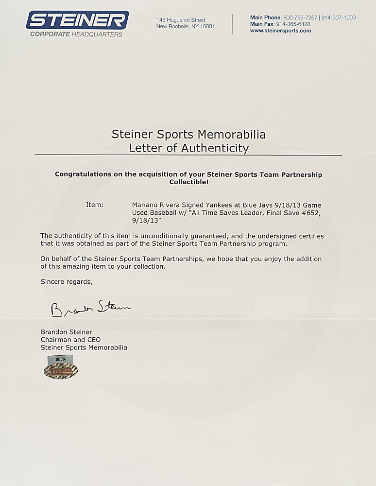 September 18, 2013 Mariano Rivera Signed Game-Used Baseball with "All Time Saves Leader", "Final Save #652" and "9/18/13" Inscriptions - MLB and Steiner
