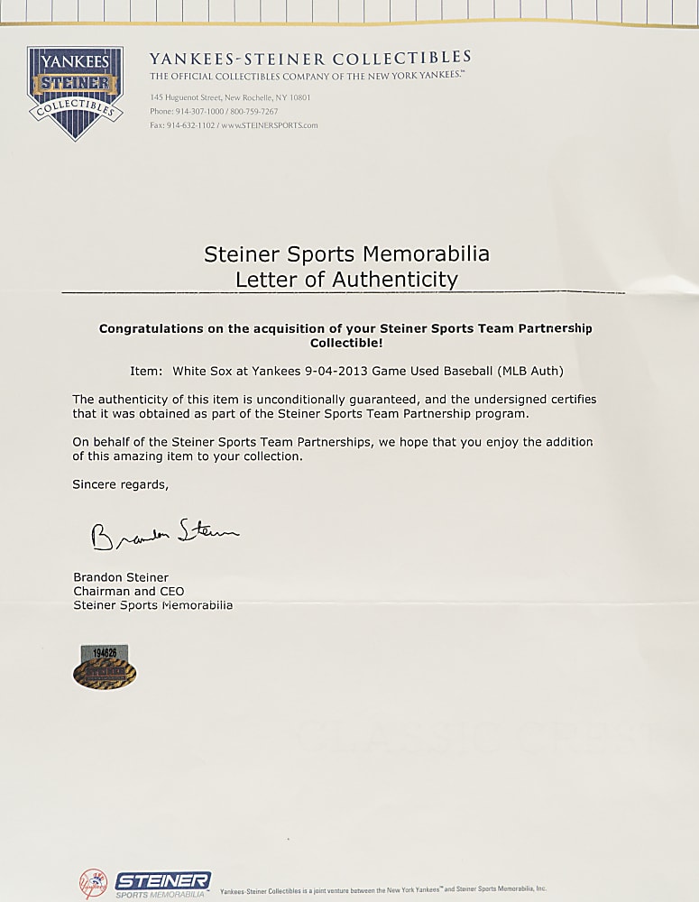 September 4, 2013 Mariano Rivera Signed Game-Used Baseball with "Save 649 Last Save at Home" Inscription - MLB and Steiner