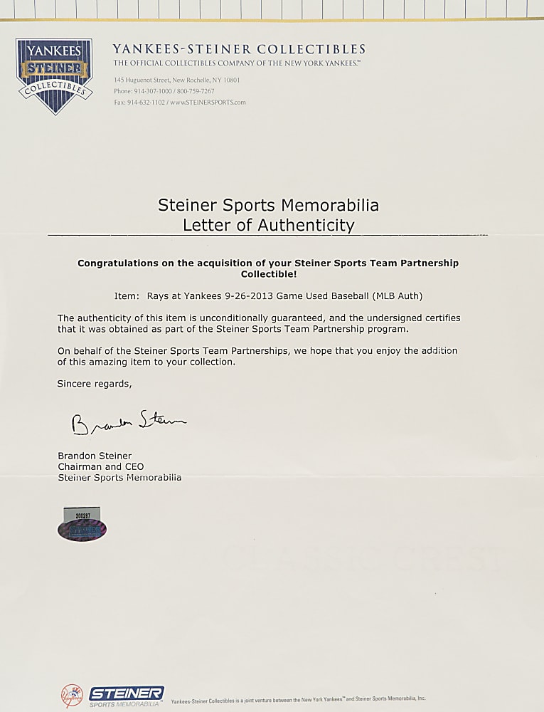 September 26, 2013 Mariano Rivera Signed Limited-Edition Game-Used Baseball with "Final Season in Pinstripes" "Exit Sandman 9/26/13" Inscriptions - MLB and Steiner