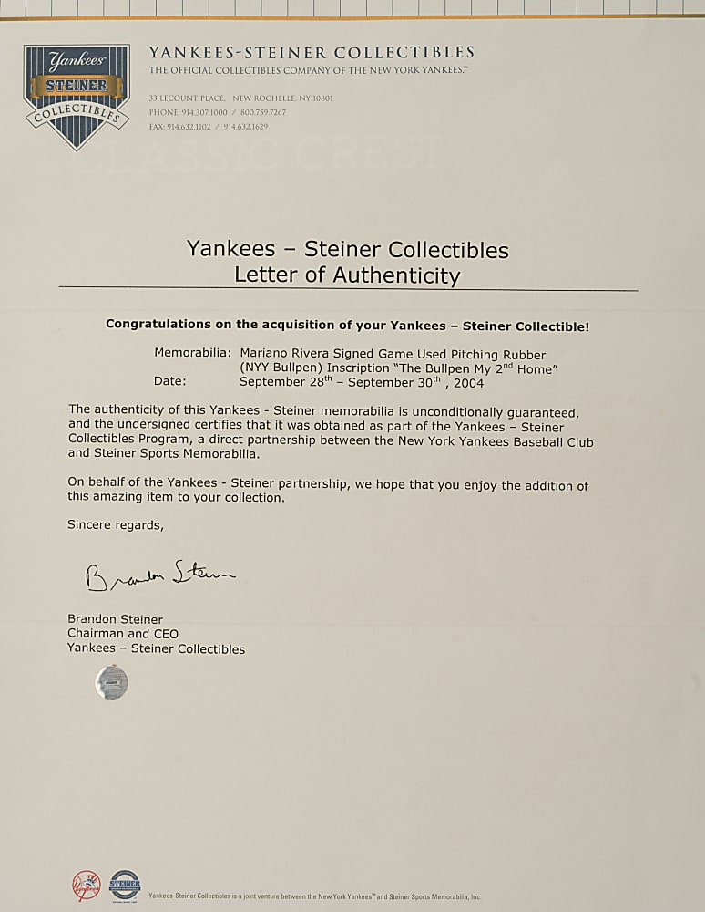 2004 Mariano Rivera Signed Game-Used Pitching Rubber with "The Bullpen My Second Home" Inscription - Steiner