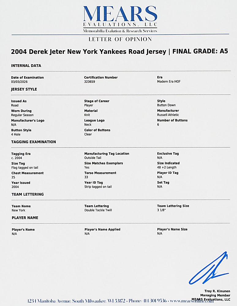 2004 Derek Jeter New York Yankees Signed Game-Used Road Jersey MEARS A5