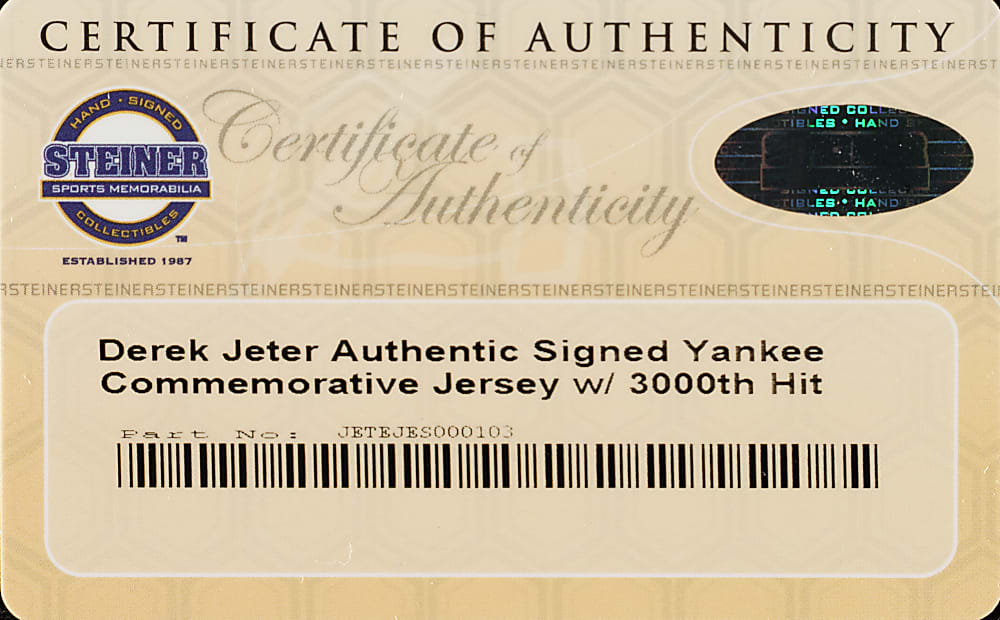 Derek Jeter Signed Limited-Edition New York Yankees Jersey with "3,000 Hit 7-9-11" Inscription - MLB And Steiner