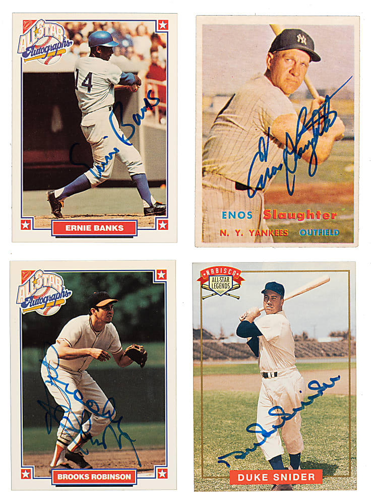 1955 to 1994 Topps, Fleer, Donruss, and Nabisco Signed-Card Collection (72) Including Banks, Snider, and Gibson